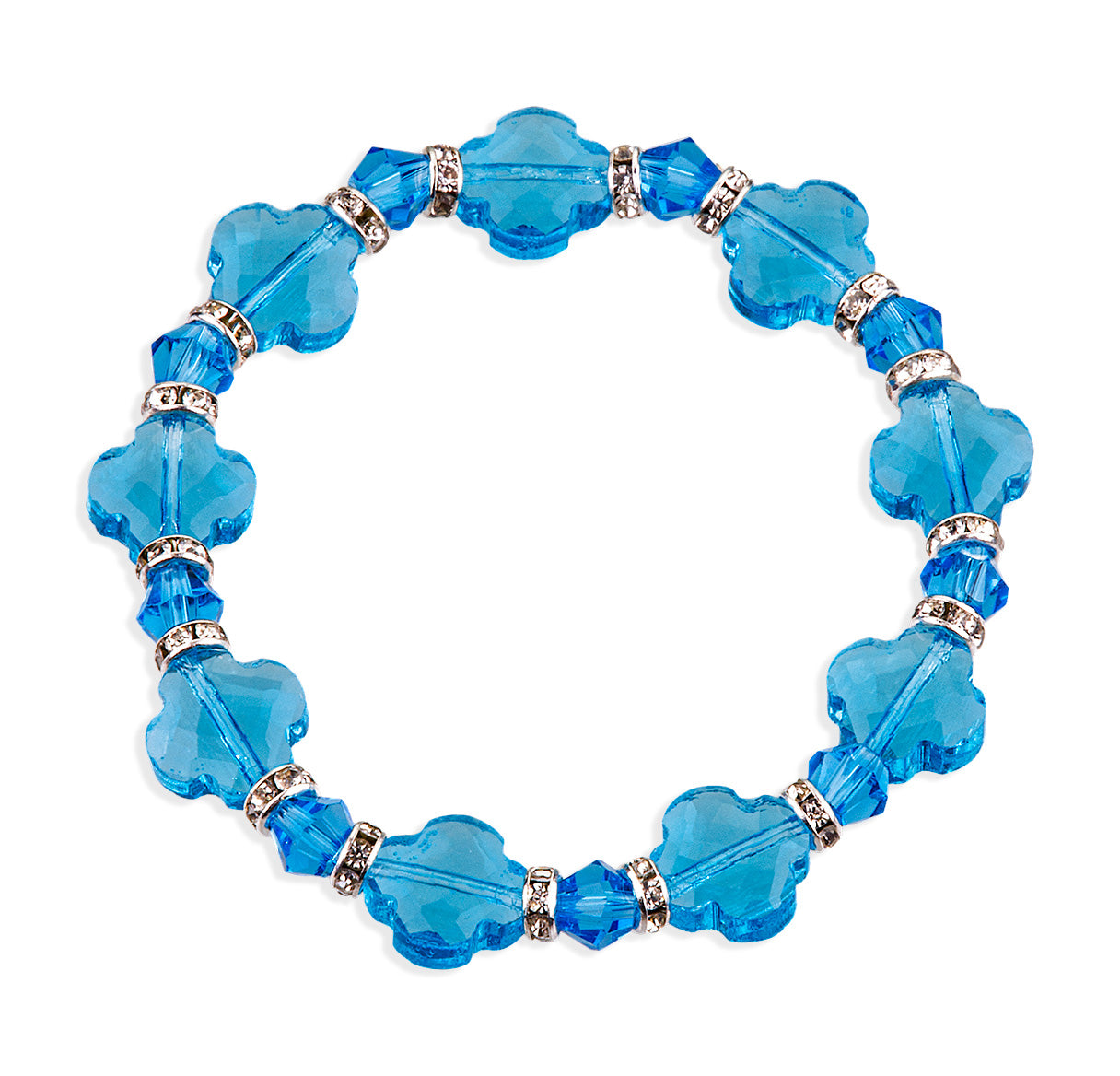 12mm Faceted Aqua Glass Cross Clover Bracelet W/ Rhinestone Accents Stretch -(2-3/4" Dia)-Bxd
