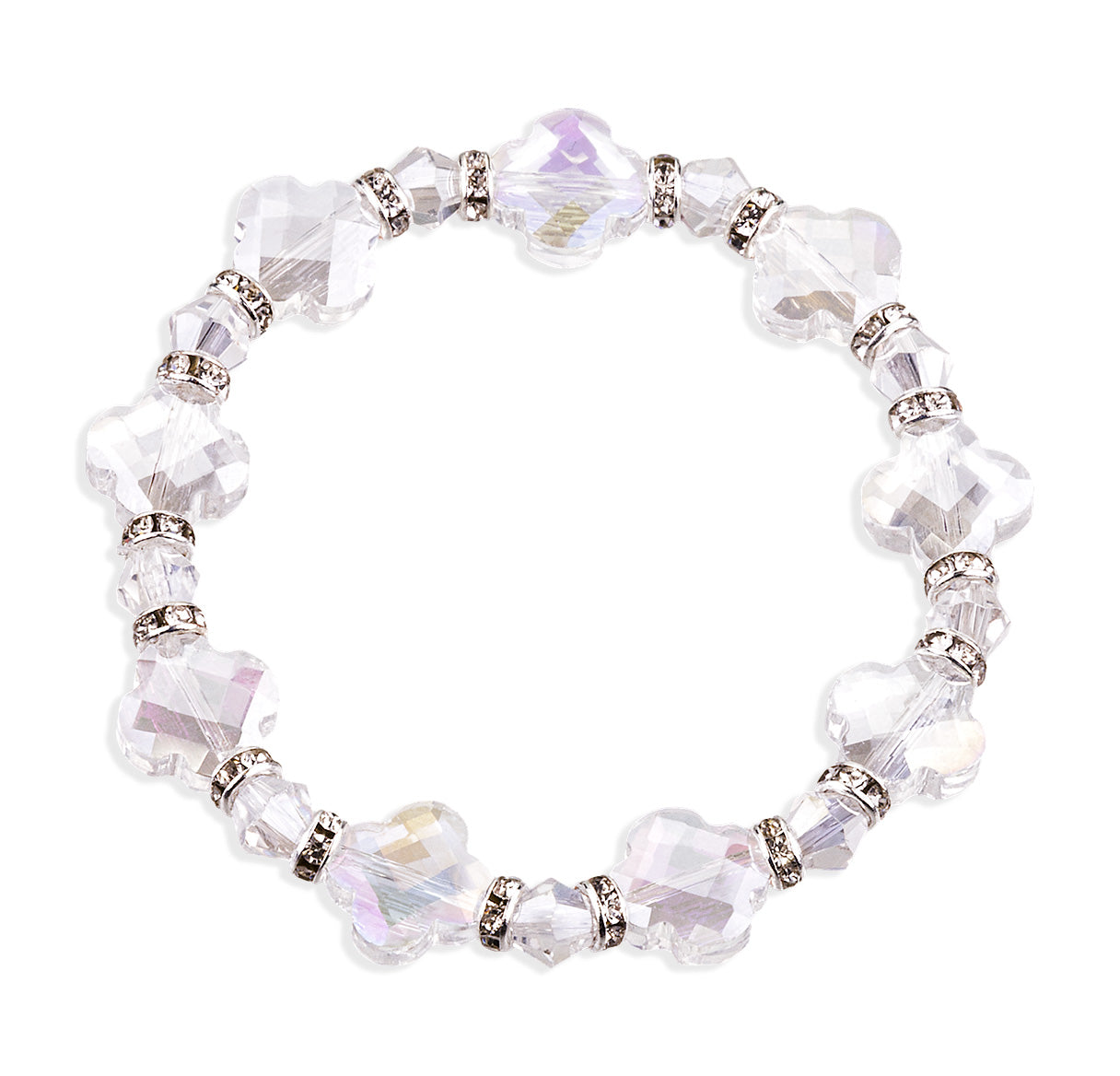 12mm Faceted Crystal Glass Cross Clover Bracelet W/ Rhinestone Accents Stretch -(2-3/4" Dia)-Bxd