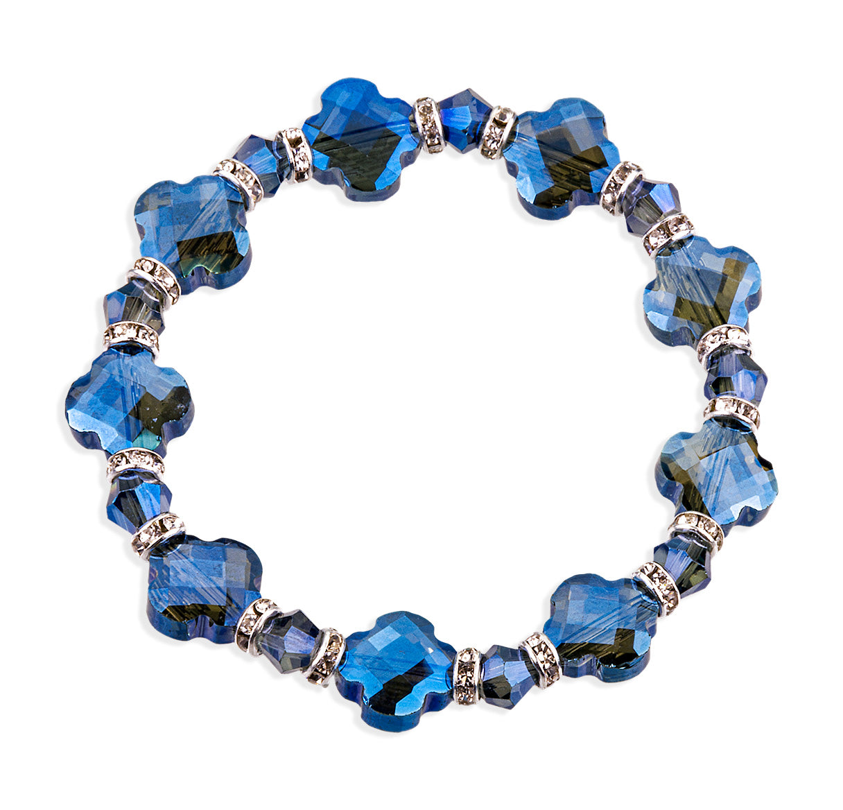12mm Faceted Midnight Blue Glass Cross Clover Bracelet W/ Rhinestone Accents Stretch -(2-3/4" Dia)-Bxd