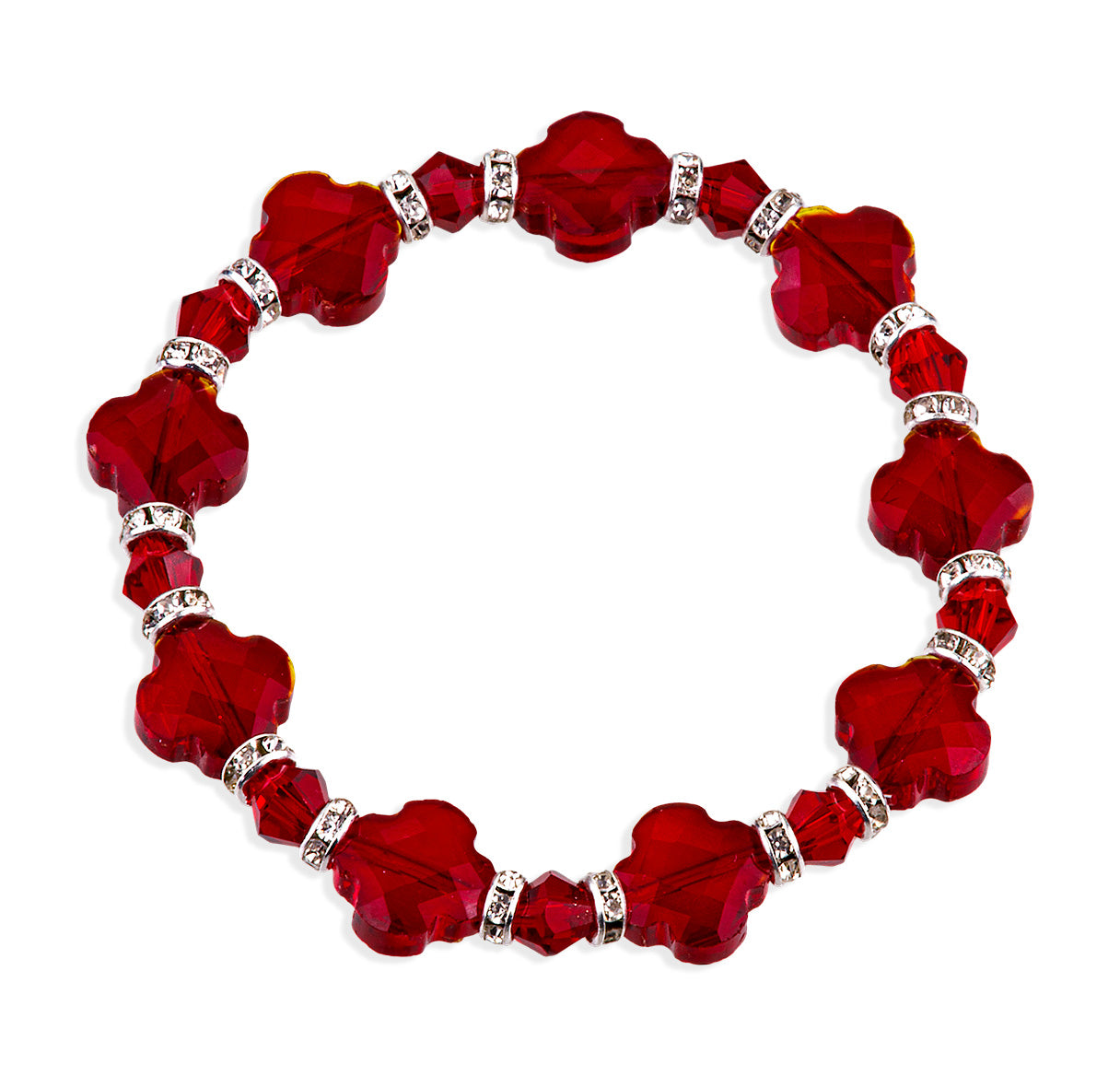 12mm Faceted Ruby Glass Cross Clover Bracelet W/ Rhinestone Accents Stretch -(2-3/4" Dia)-Bxd