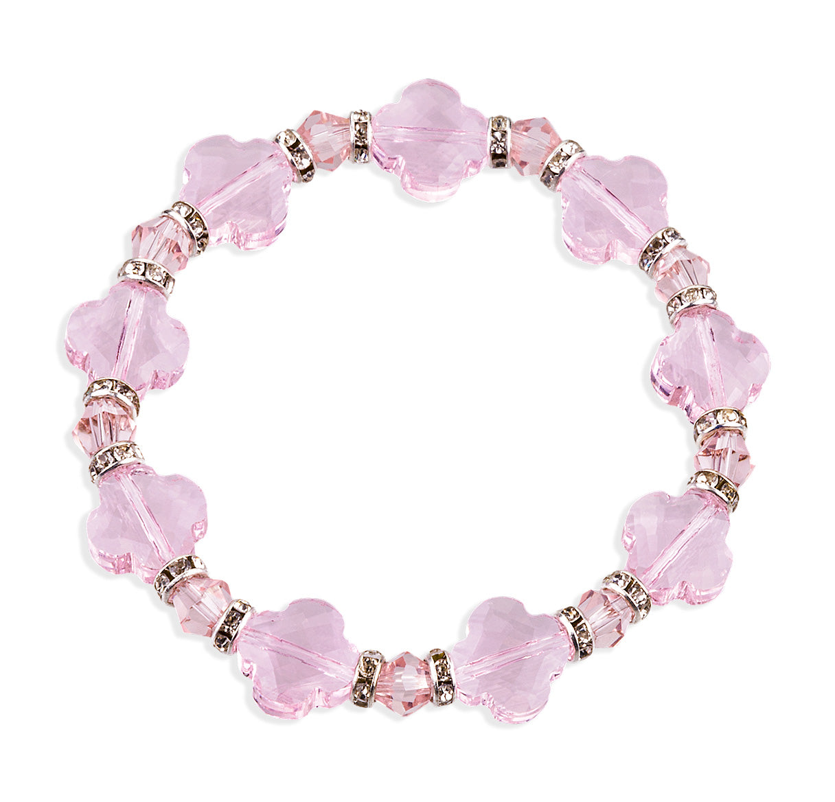 12mm Faceted Rose Glass Cross Clover Bracelet W/ Rhinestone Accents Stretch -(2-3/4" Dia)-Bxd