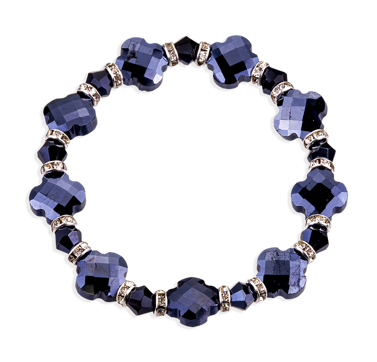 12mm Faceted Vitrol Black Glass Cross Clover Bracelet W/ Rhinestone Accents Stretch -(2-3/4" Dia)-Bxd