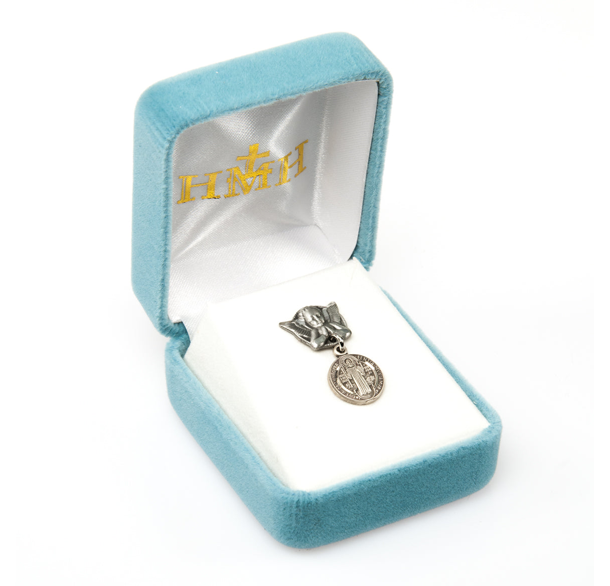 Angel With Wings Pin W/ Small Round St. Benedict Medal-Bxd