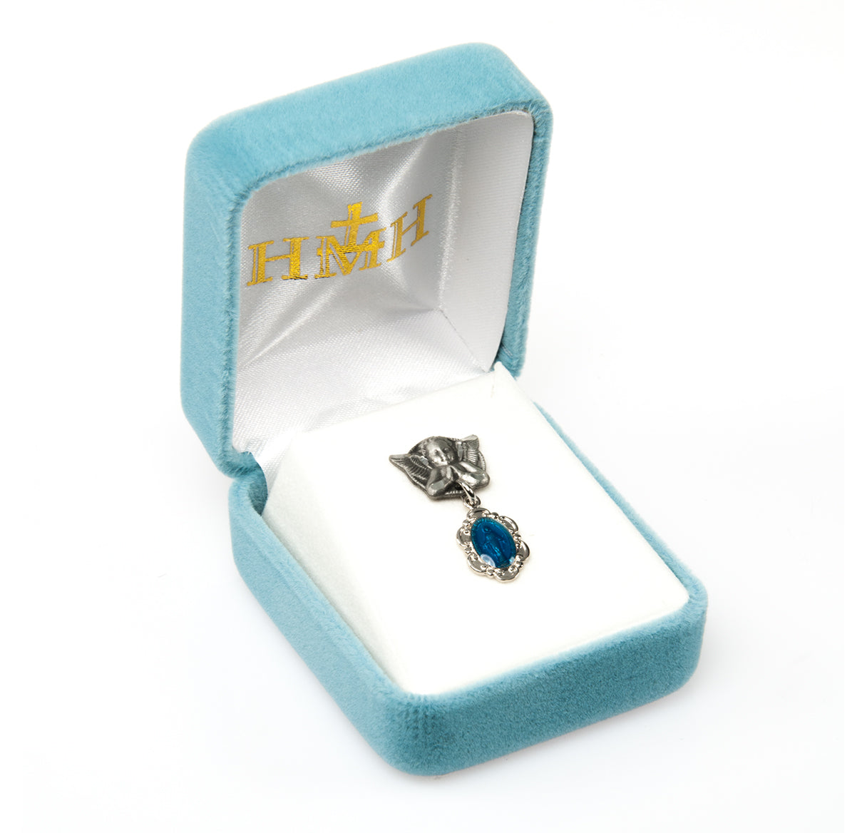 Angel With Wings Pin W/ Blue Epoxy Fancy Miraculous Medal-Bxd