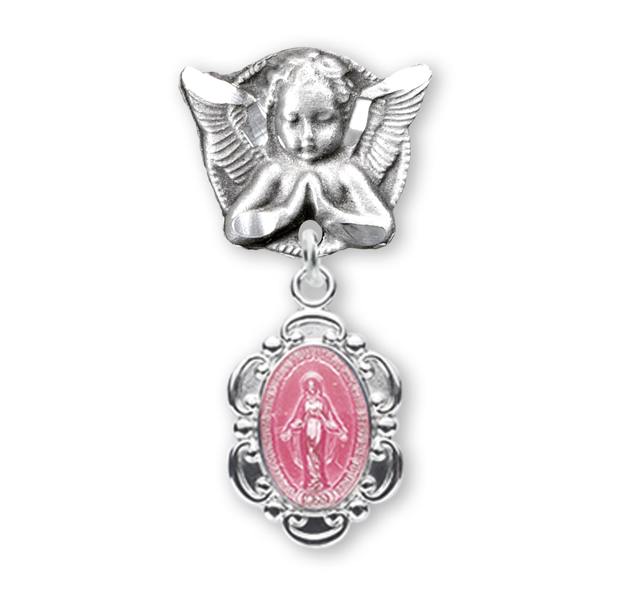 Angel With Wings Pin W/ Pink Epoxy Fancy Miraculous Medal-Bxd