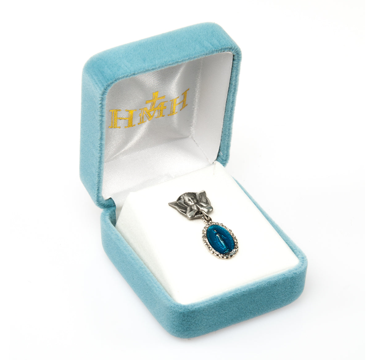 Angel With Wings Pin W/ Sterling Silver Blue Epoxy Miraculous Medal-Bxd