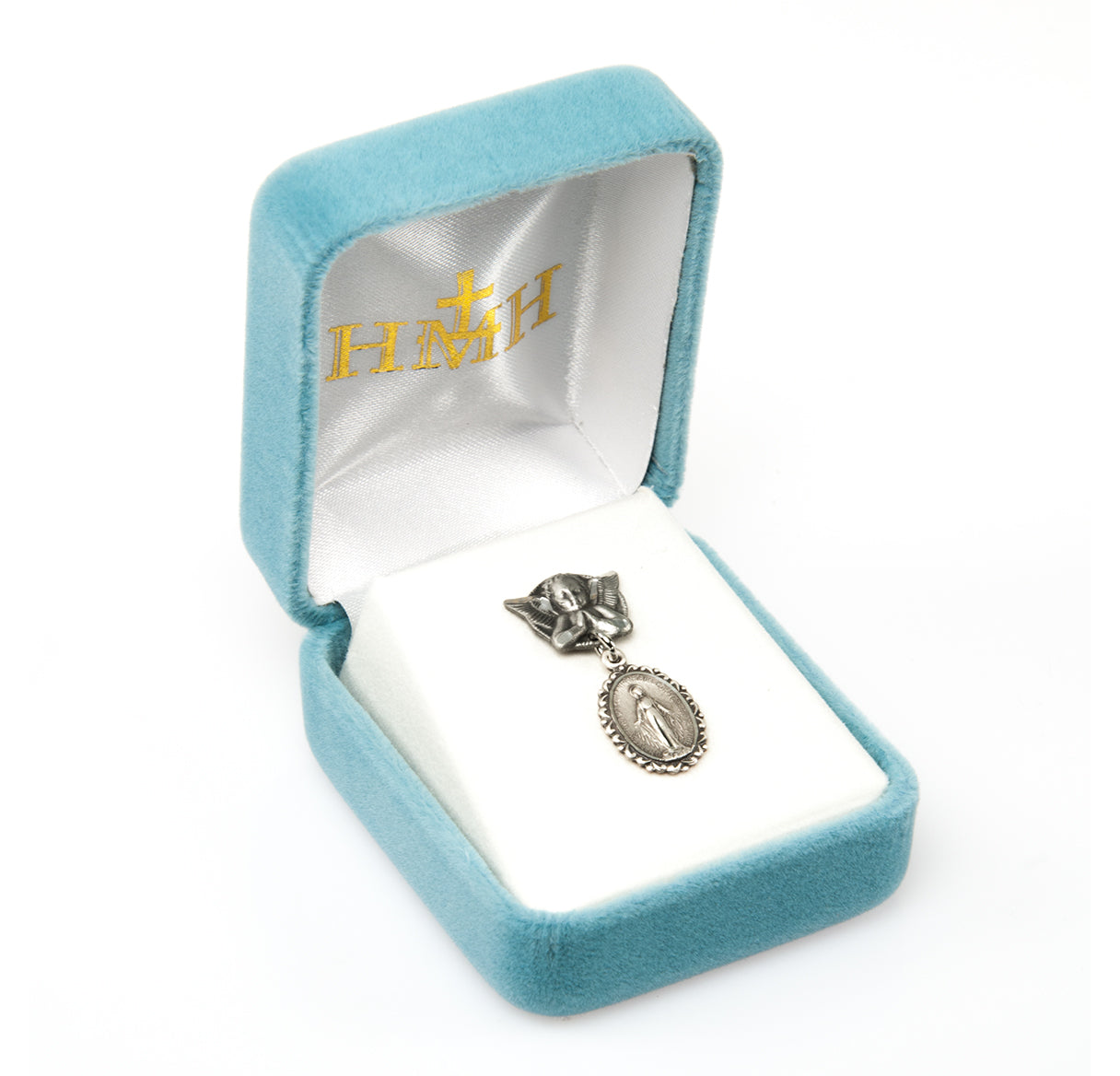 Angel With Wings Pin w/Sterling Silver Oval Miraculous Medal-Bxd