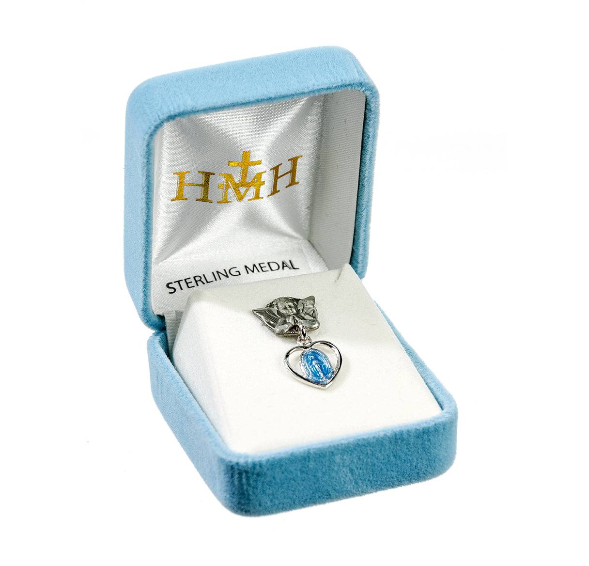 Angel With Wings Pin W/ Blue Epoxy Heart Miraculous Medal-Bxd