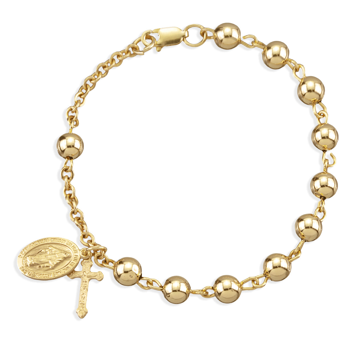 6mm 16kt Gold Over Sterling Rosary Bracelet W/14Kt Mirac & 14KT Cfx (A1114/A1804)-Bxd
