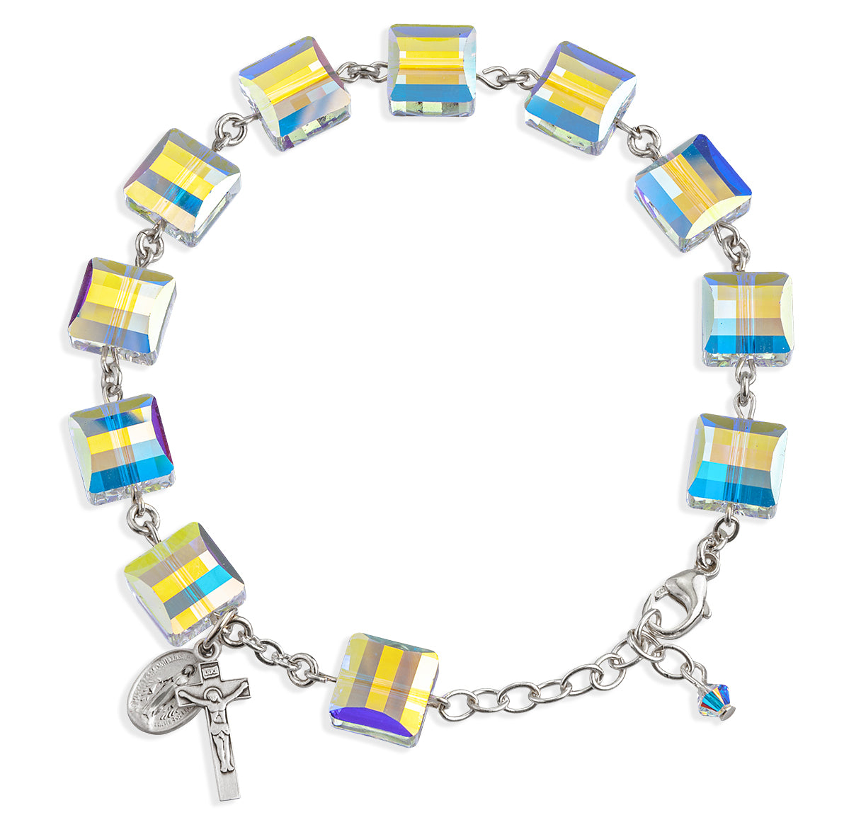 Sterling Silver Rosary Bracelet Created with 10mm Aurora Borealis Crystals by Swarovski® Austrian Crystal Square Beads by HMH