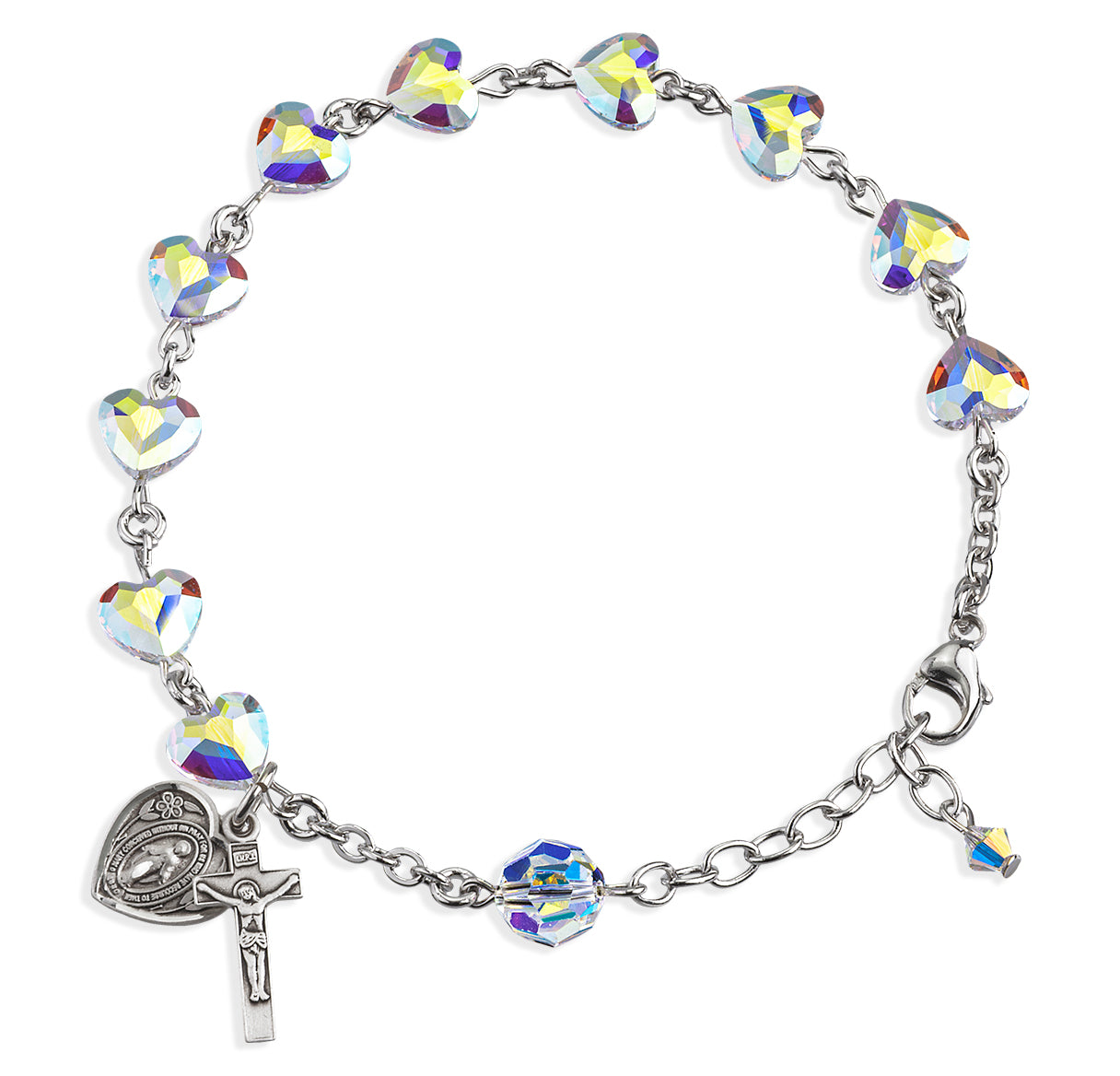 Sterling Silver Rosary Bracelet Created with 8mm Aurora Borealis Crystals by Swarovski® Austrian Crystal Heart Shape Beads by HMH