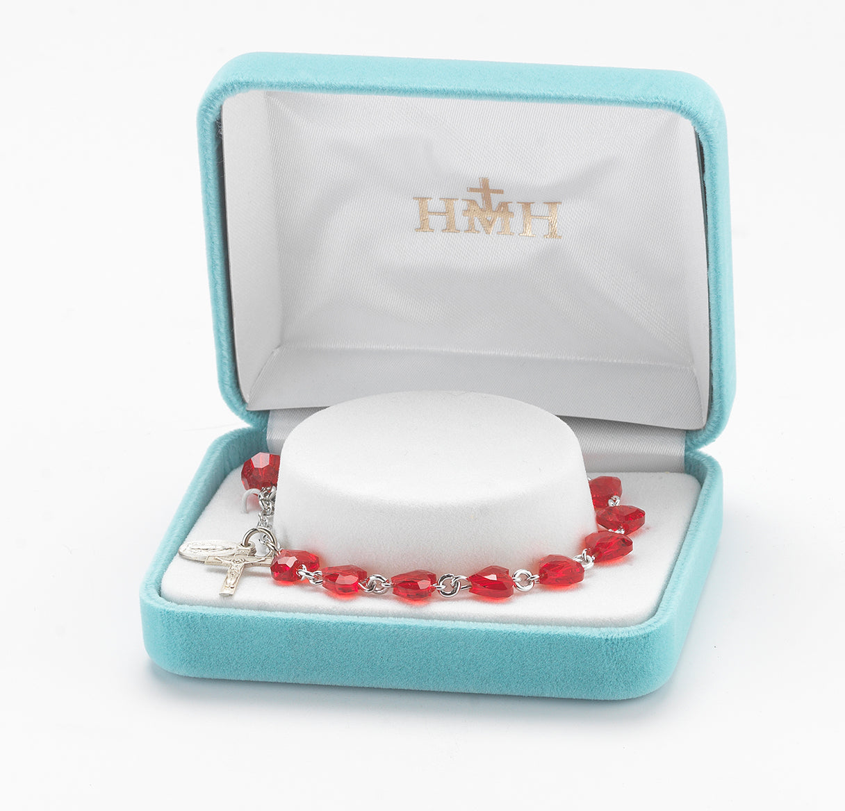 Sterling Silver Rosary Bracelet Created with 8mm Red Crystals by Swarovski® Austrian Crystal Heart Shape Beads by HMH