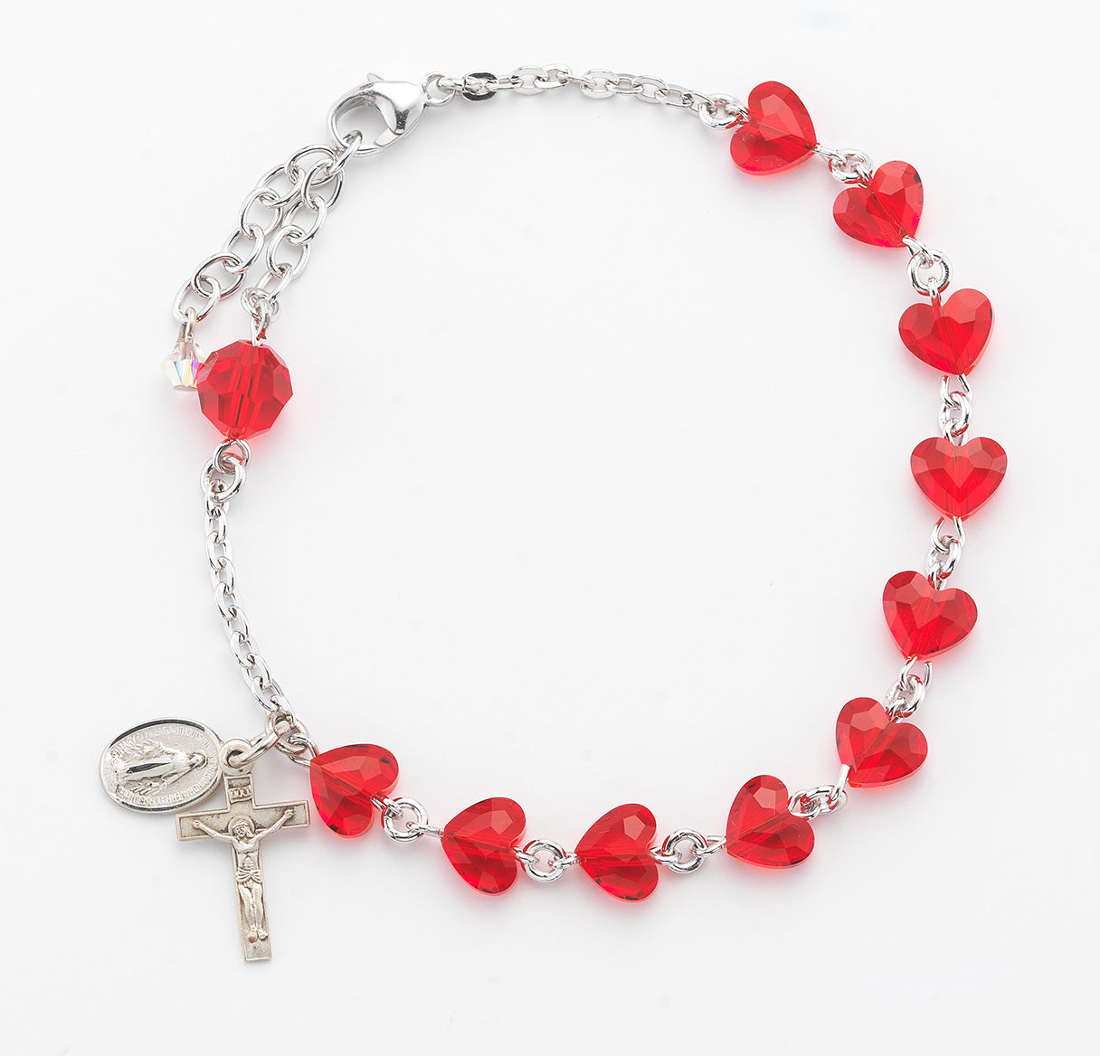 Sterling Silver Rosary Bracelet Created with 8mm Red Crystals by Swarovski® Austrian Crystal Heart Shape Beads by HMH