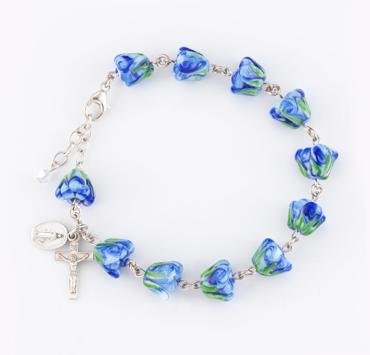 10mm Blue and Green Glass Flower Beads All Sterling Rosary Bracelet (S1802/S3100)-Bxd