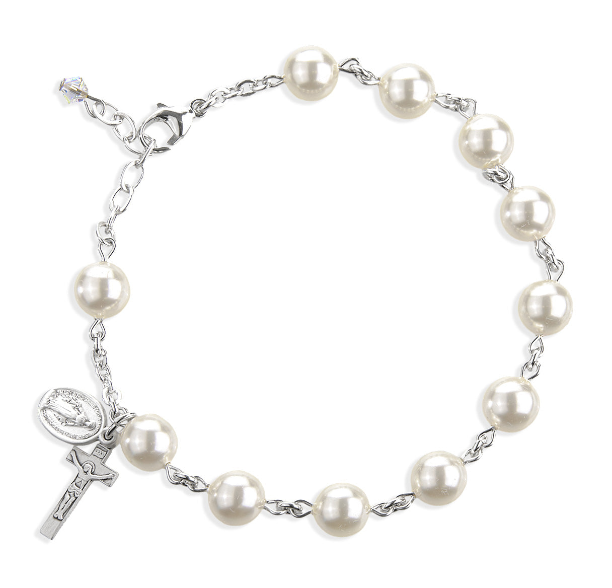Sterling Silver 8mm Austrian Crystal White Pearl Rosary Bracelet W/ Sterling Cfx & Mirac (S1802/S3100)-Bxd