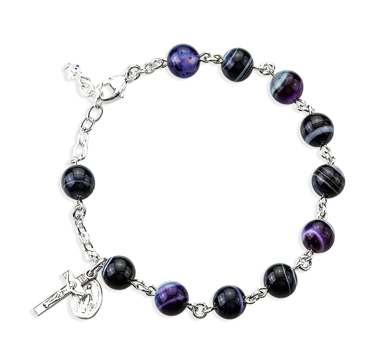 Sterling 8mm Genuine Striped Purple Agate Beads Rosary Bracelet w/ Sterling Silver Crucifix and Mirac-Bxd
