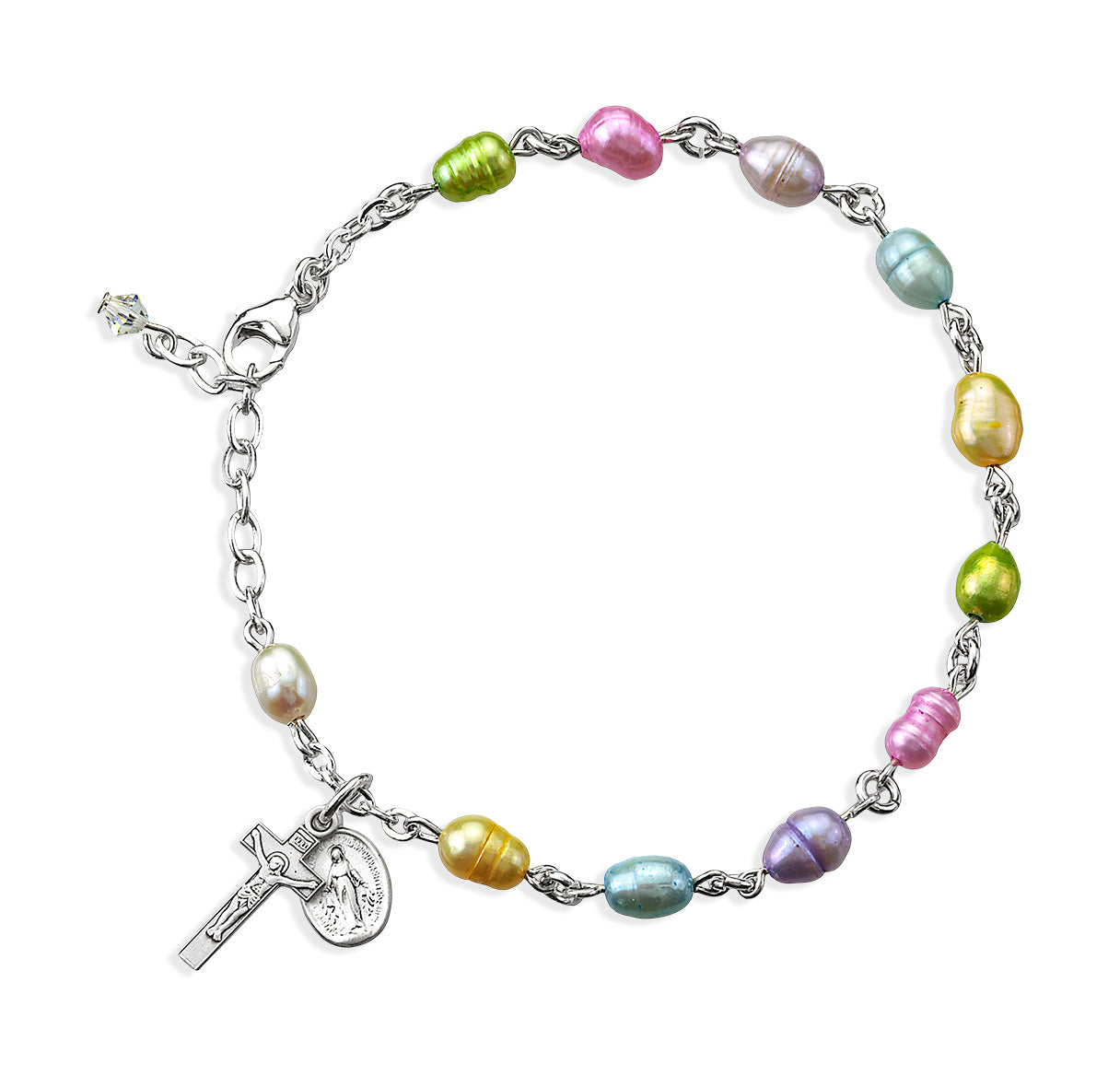 Multi Colored Freshwater Pearl Rosary Bracelet W/ All Sterling SIlver Componets Sterling Medal & Cfx-Bxd
