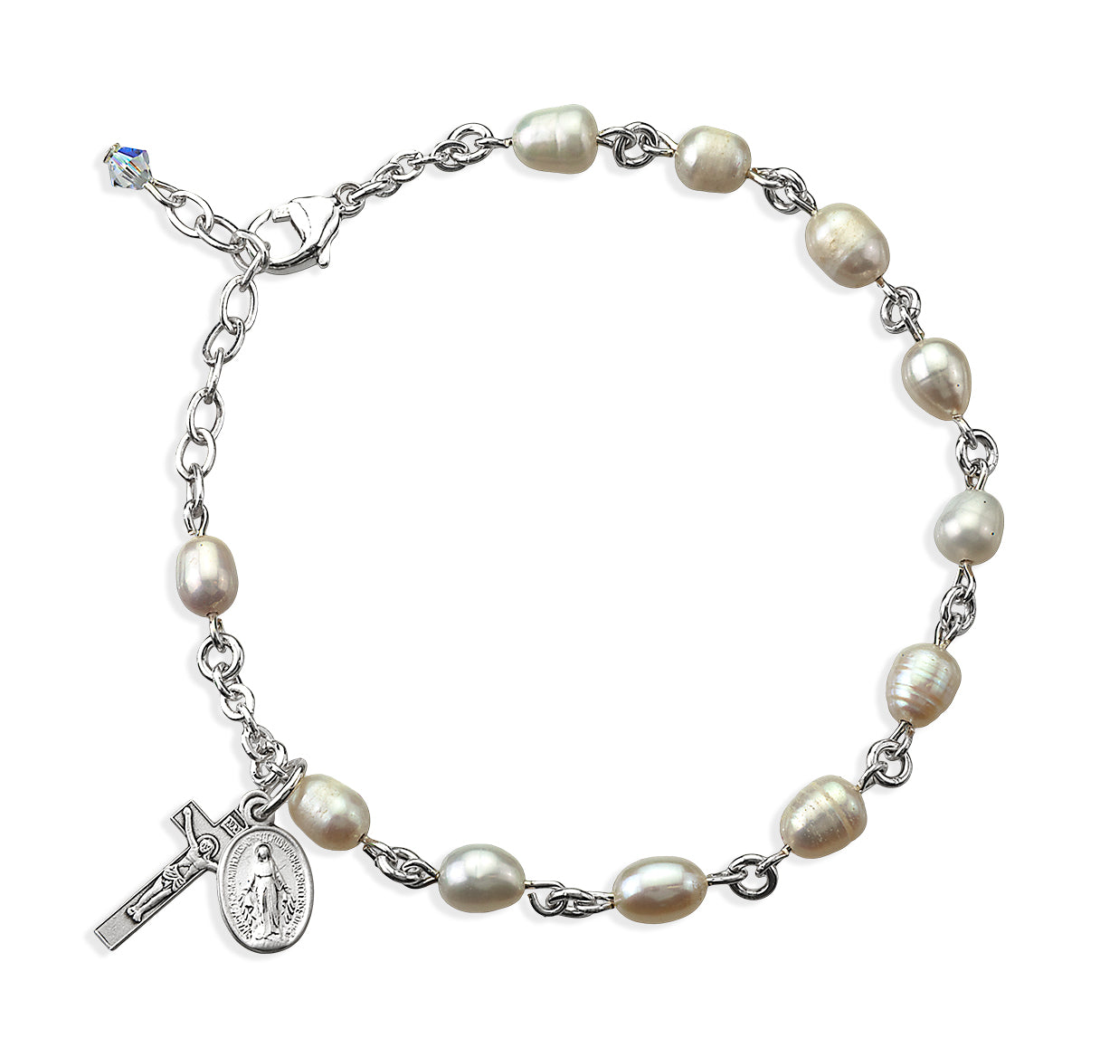 White Freshwater Pearl Rosary Bracelet W/ All Sterling SIlver Componets Sterling Medal & Cfx-Bxd
