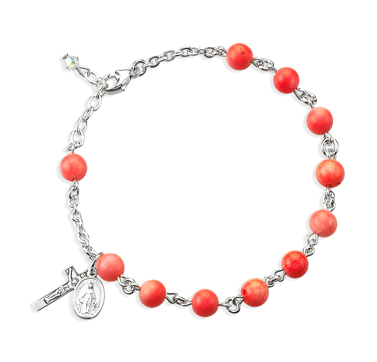 Sterling Silver 6mm Genuine Bamboo Coral Bead Rosary Bracelet-Bxd