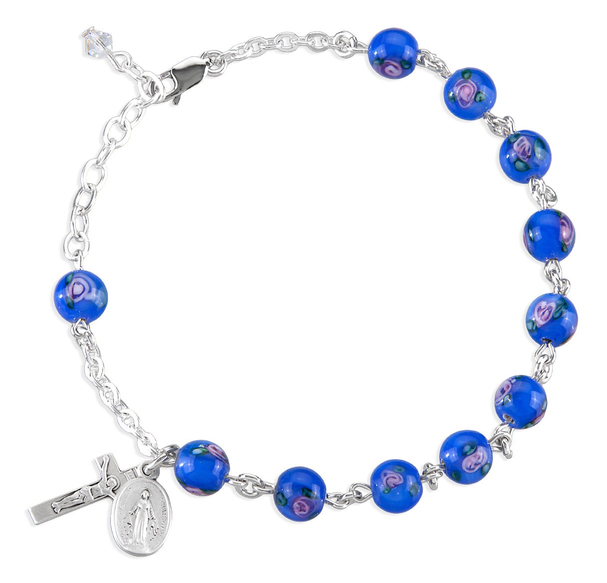 Sterling 7mm Blue Rosebud Embedded  Czech Glass Bead Rosary Bracelet W/ Sterling Silver Mirac & Crucifix-Bxd