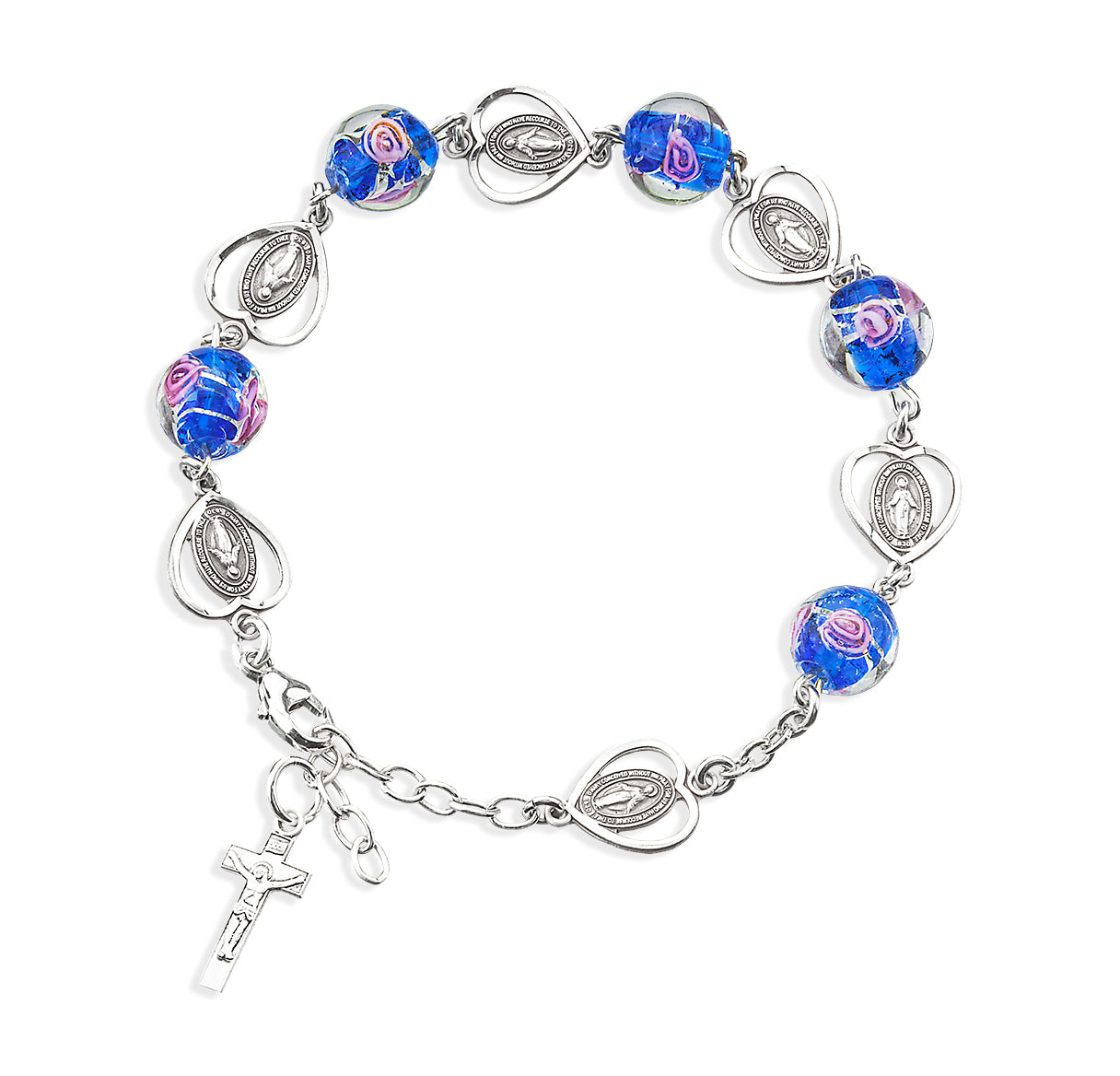All Sterling Silver Miraculous Rosary Bracelet S1802 w/Blue Venetian Glass Beads-Bxd