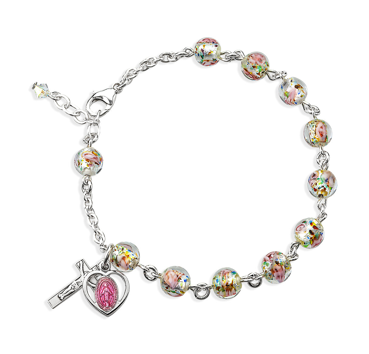 7MM Murano Venetian Glass Crystal Flower Sterling Silver Rosary Bracelet W/3160P & 1802