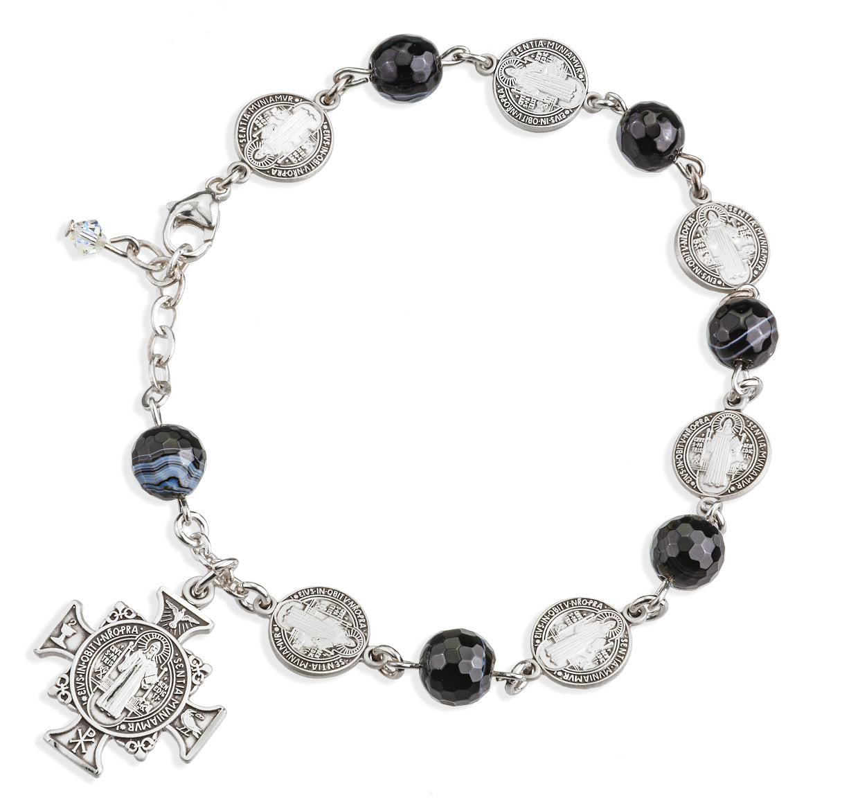 8mm Round Striped Black Agate St Benedict Sterling Bracelet w/S1688 Medal-Bxd