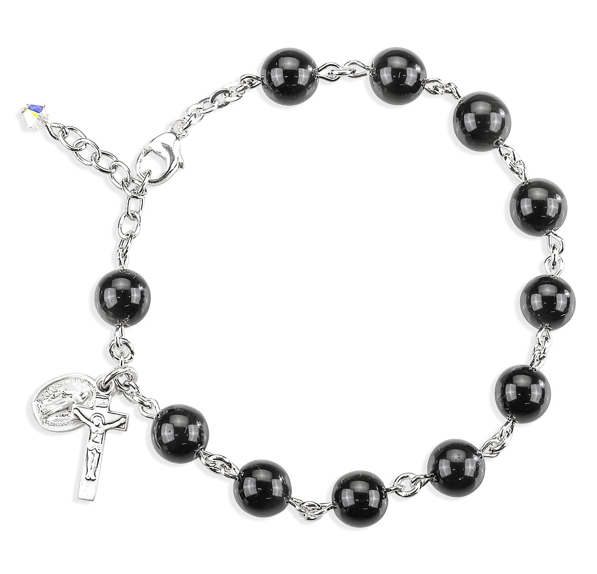Genuine Black Obsidian 8mm Round Bead All Sterling Rosary Bracelet W/ Mirac & Cfx-Bxd