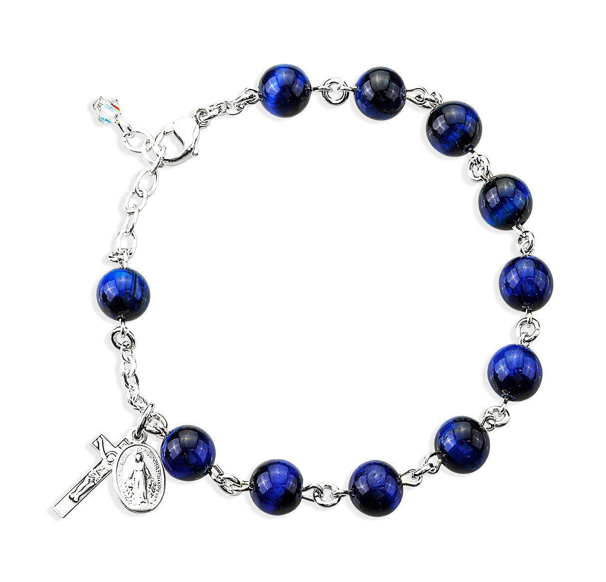 Sterling Silver Genuine 8mm Blue Tiger Eye Rosary Bracelet-Bxd