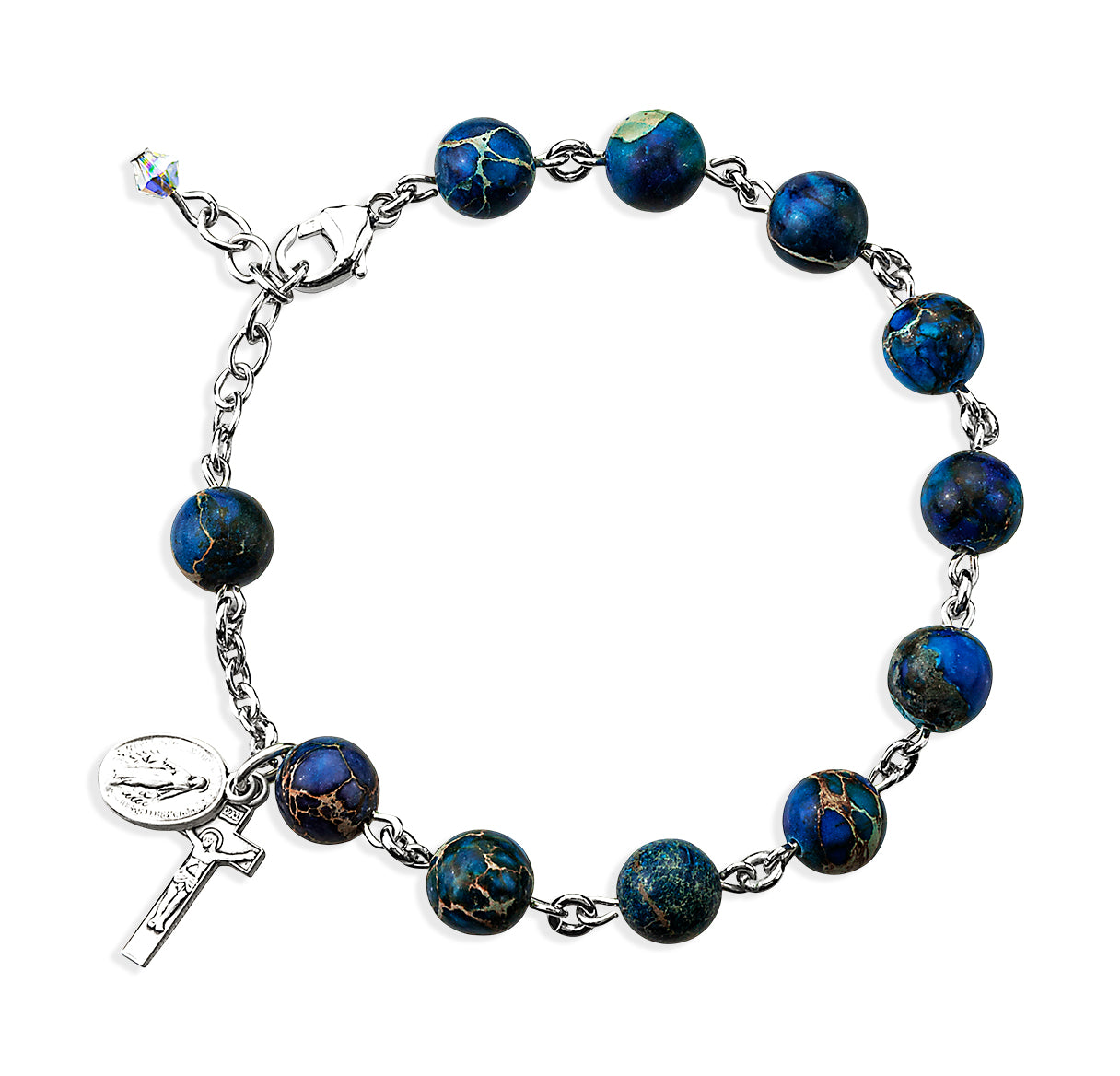 8mm Genuine Imperial Jasper Blue Bead Rosary Bracelet W/ Sterling Silver Findings & Sterling Silver Crucifix and Mirac-Bxd