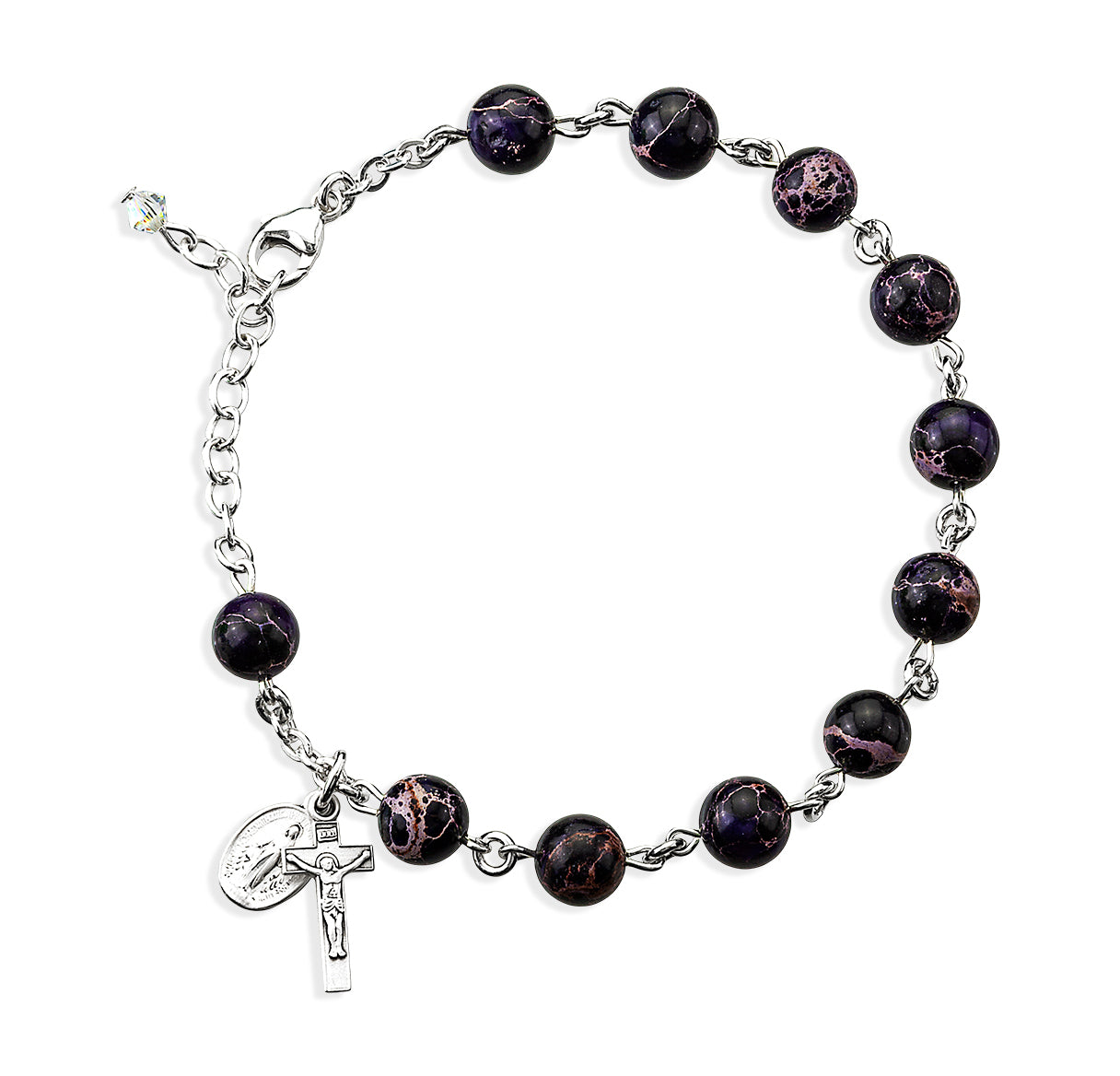 8mm Genuine Imperial Jasper Purple Bead Rosary Bracelet W/ Sterling Silver Findings & Sterling Silver Crucifix and Mirac-Bxd