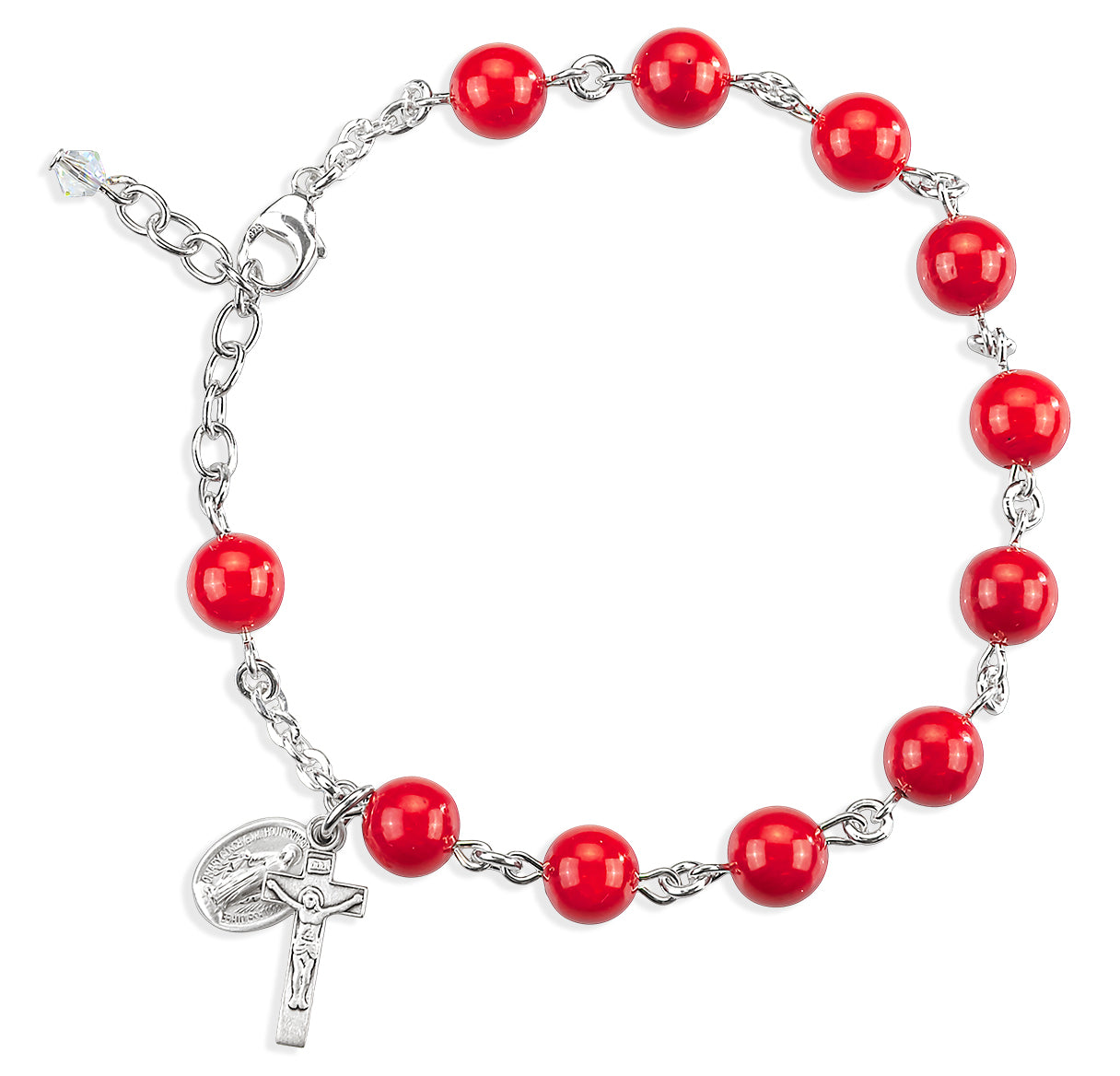 Genuine Red Coral 8mm Round Bead All Sterling Rosary Bracelet W/ Mirac & Cfx-Bxd