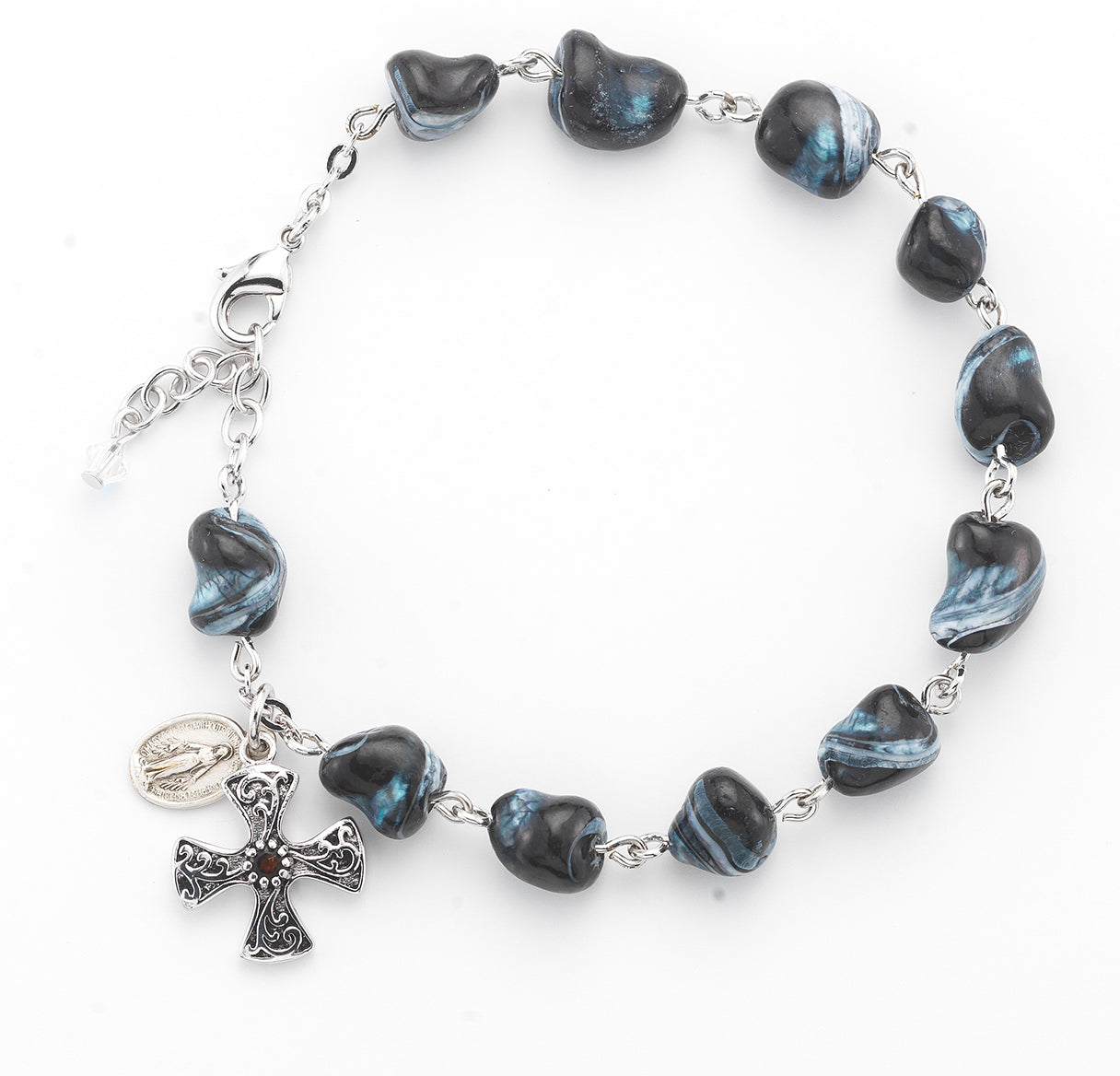 Sterling Silver 10-12mm Blue Agate Nugget Rosary Bracelet W/ Sterling cross & Mirac-(1730/3100)-Bxd