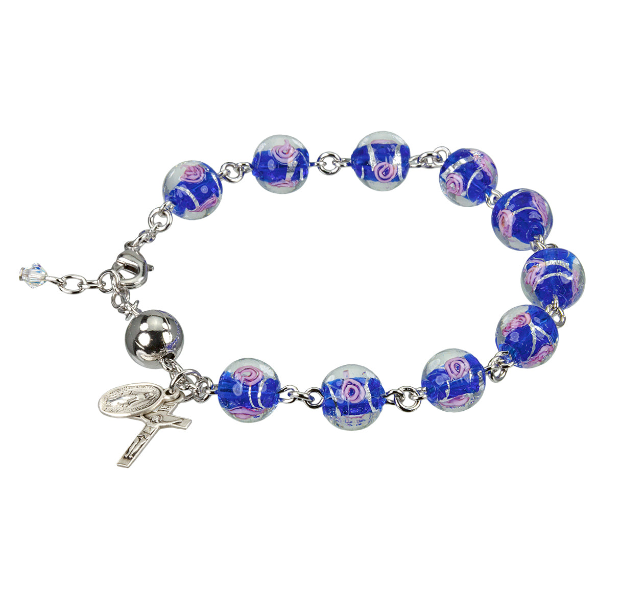 10mm Pink Rose Embedded Ventian Style Glass Bead Sterling Silver Rosary Bracelet-Bxd