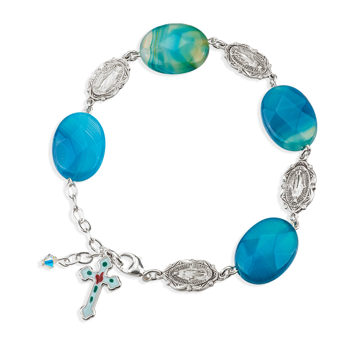 Blue Agate Faceted Stone with Sterling Silver Rosary Bracelet
