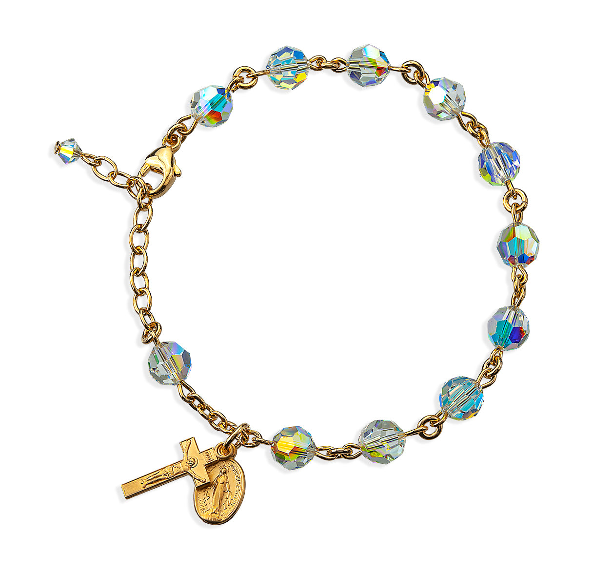 Gold Over Sterling Silver Rosary Bracelet Created with 7mm Aurora Borealis Crystals by Swarovski® Austrian Crystal Round Beads by HMH