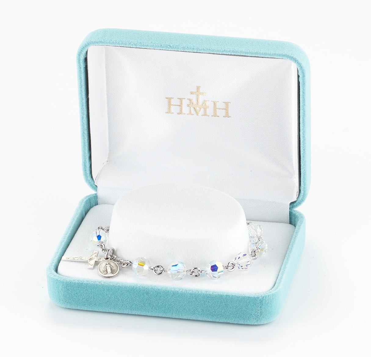 Sterling Silver Rosary Bracelet Created with 7mm Aurora Borealis Crystals by Swarovski® Austrian Crystal Round Beads by HMH
