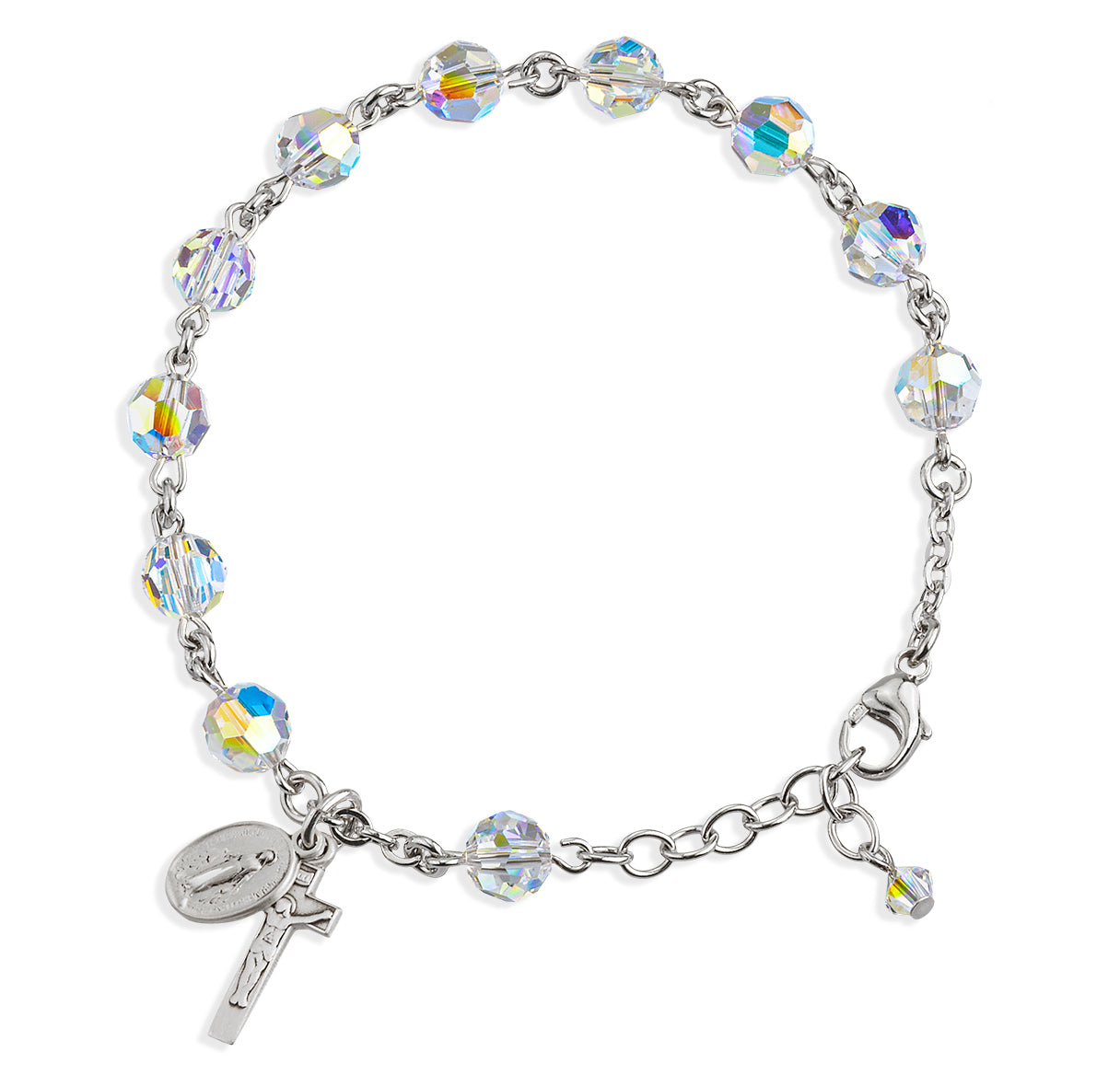 Sterling Silver Rosary Bracelet Created with 7mm Aurora Borealis Crystals by Swarovski® Austrian Crystal Round Beads by HMH