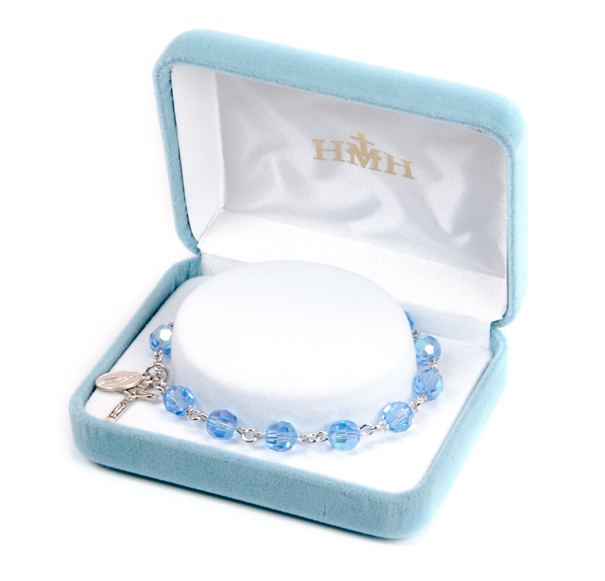 Sterling Silver Rosary Bracelet Created with 7mm Light Sapphire Crystals by Swarovski® Austrian Crystal Round Beads by HMH