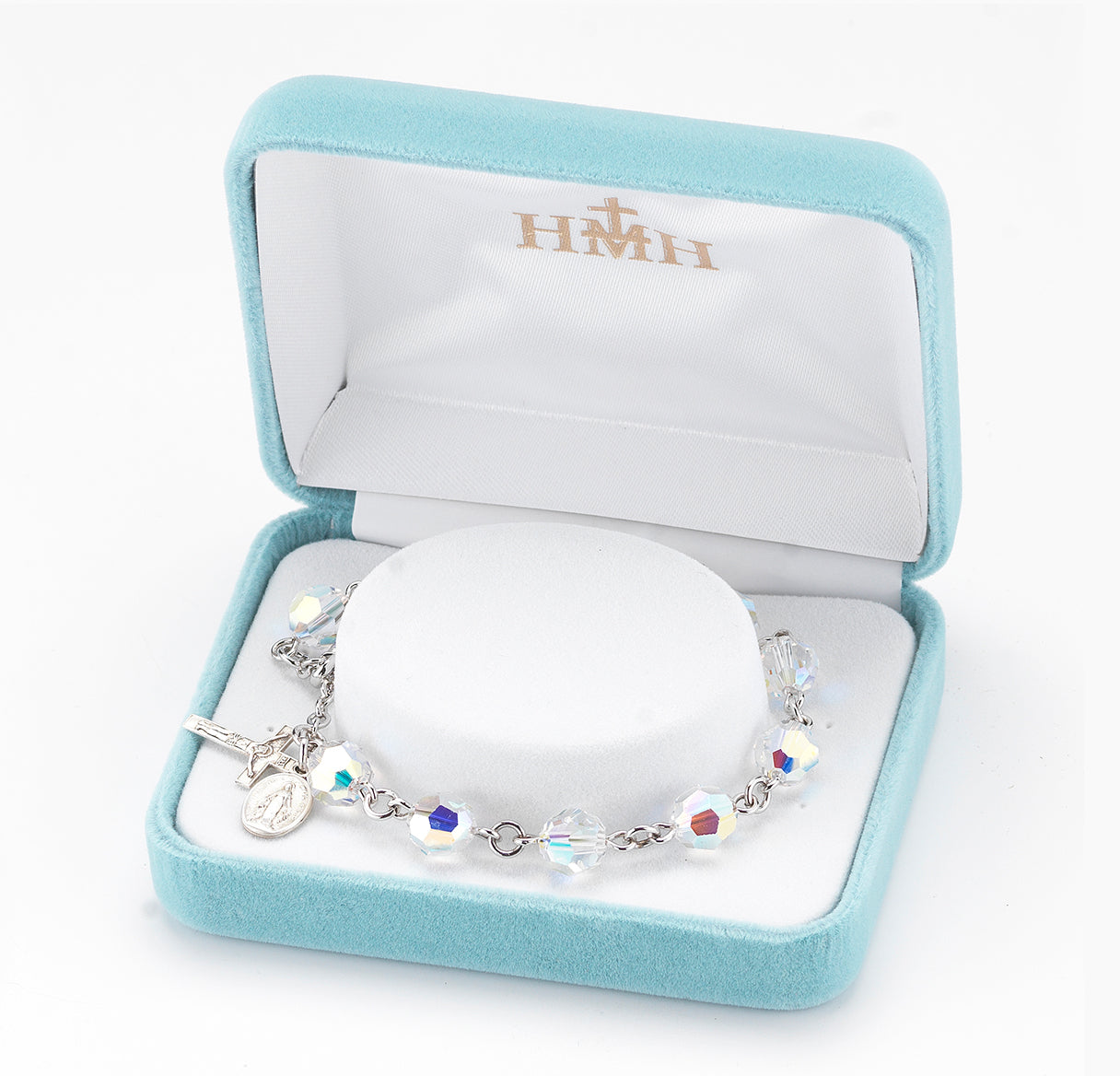 Sterling Silver Rosary Bracelet Created with 8mm Aurora Borealis Crystals by Swarovski® Austrian Crystal Round Beads by HMH