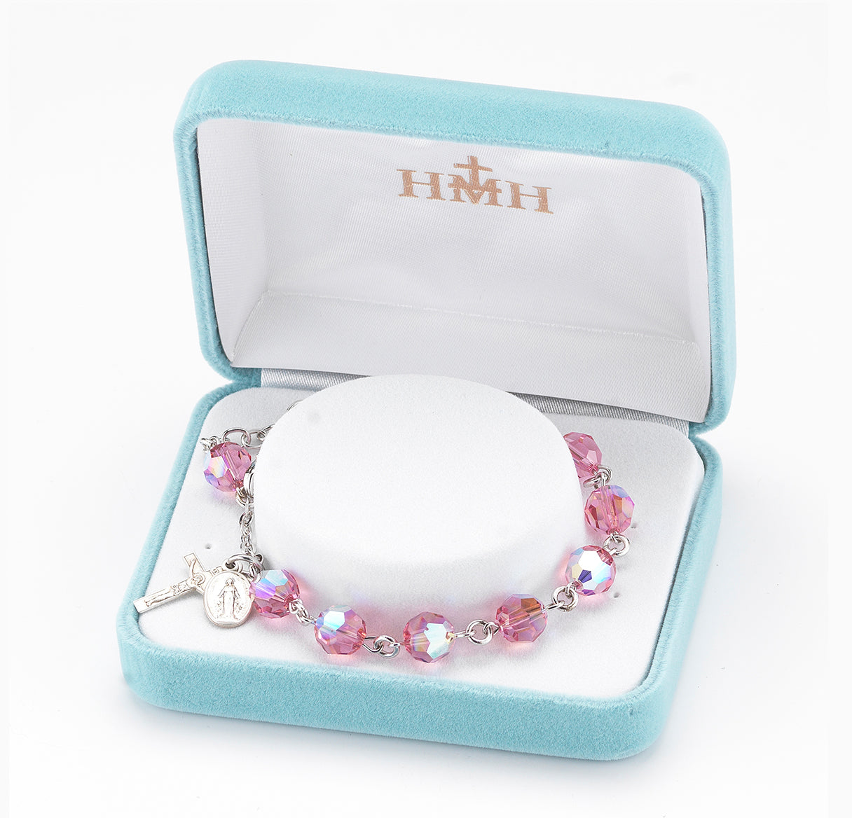 Sterling Silver Rosary Bracelet Created with 8mm Pink Crystals by Swarovski® Austrian Crystal Round Beads by HMH
