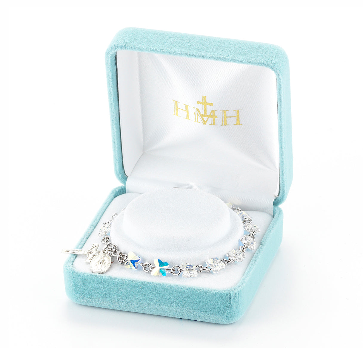 Sterling Silver Rosary Bracelet Created with 6mm Aurora Borealis Crystals by Swarovski® Austrian Crystal Butterfly Beads by HMH