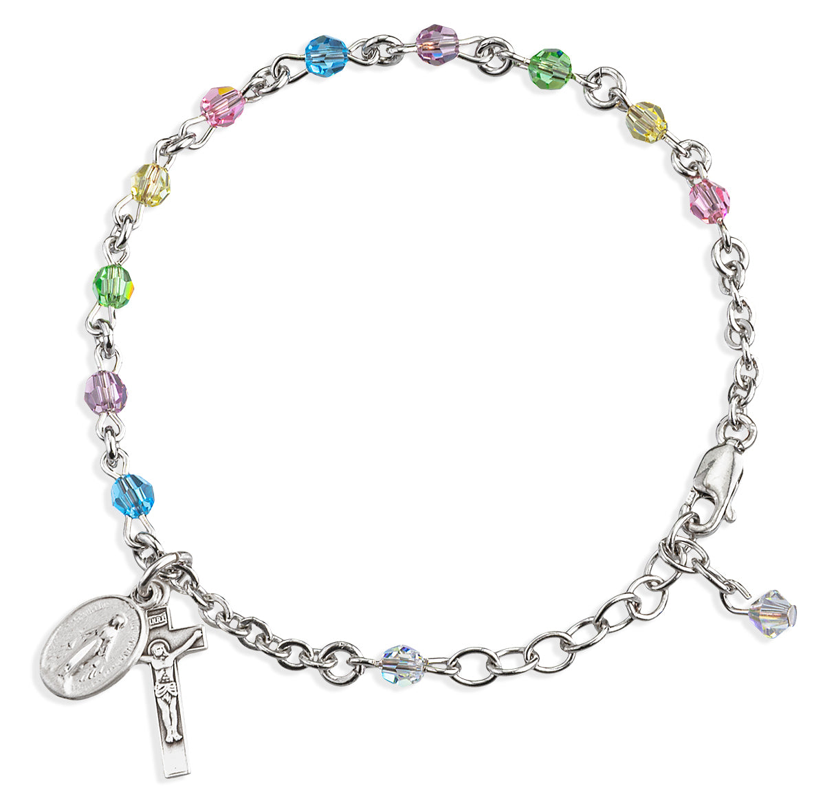 4mm Sterling Silver Crystals by Swarovski® Crystal Multi Color Rosary Bracelet W/ Sterling Silver Medal & Cfx-Bxd