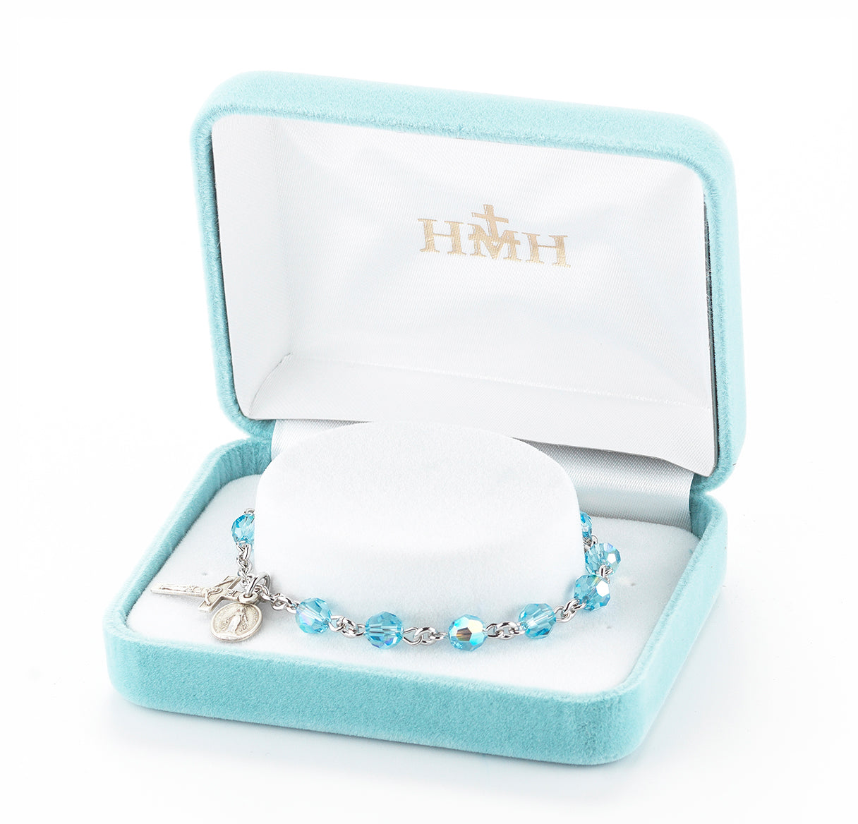 Sterling Silver Rosary Bracelet Created with 6mm Aqua Crystals by Swarovski® Austrian Crystal Round Beads by HMH