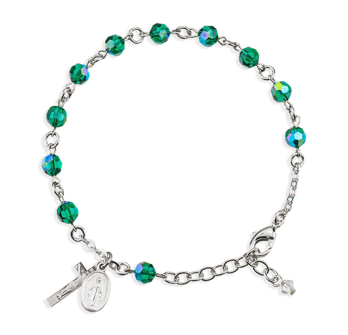 6mm Crystals by Swarovski® Emerald Round Faceted Crystal Beads Sterling Rosary Bracelet With Sterling Silver Miraculous and Crucifix-Bxd