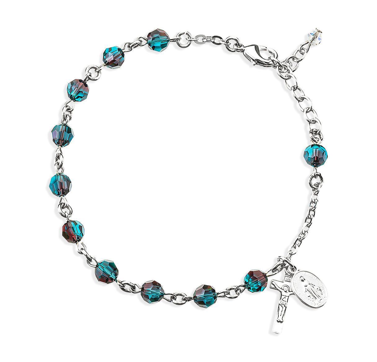 6mm Crystals by Swarovski® Blue Zircon Crystal Beads Sterling Silver Rosary Bracelet With Sterling Silver Medals-Bxd