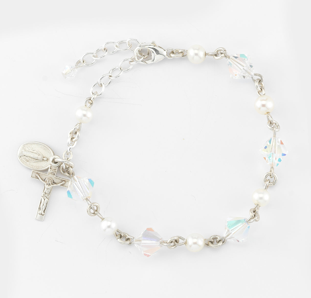 6mm Freshwater Pearl & Crystals by Swarovski® Crystal All Sterling Silver Rosary Bracelet-Bxd