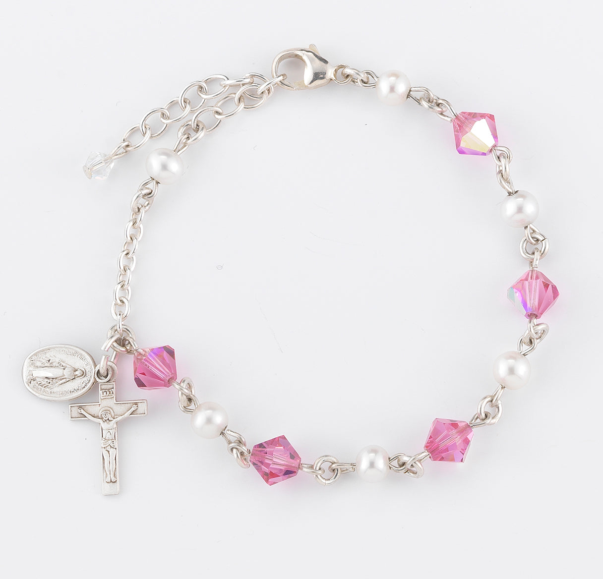 6mm Pink Crystals by Swarovski® Crystal & Freshwater Pearl Sterling Silver Rosary Bracelet-Bxd