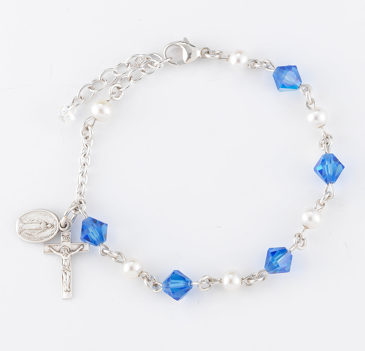 6mm Blue Crystals by Swarovski® Crystal & Freshwater Pearl Sterling Silver Rosary Bracelet-Bxd
