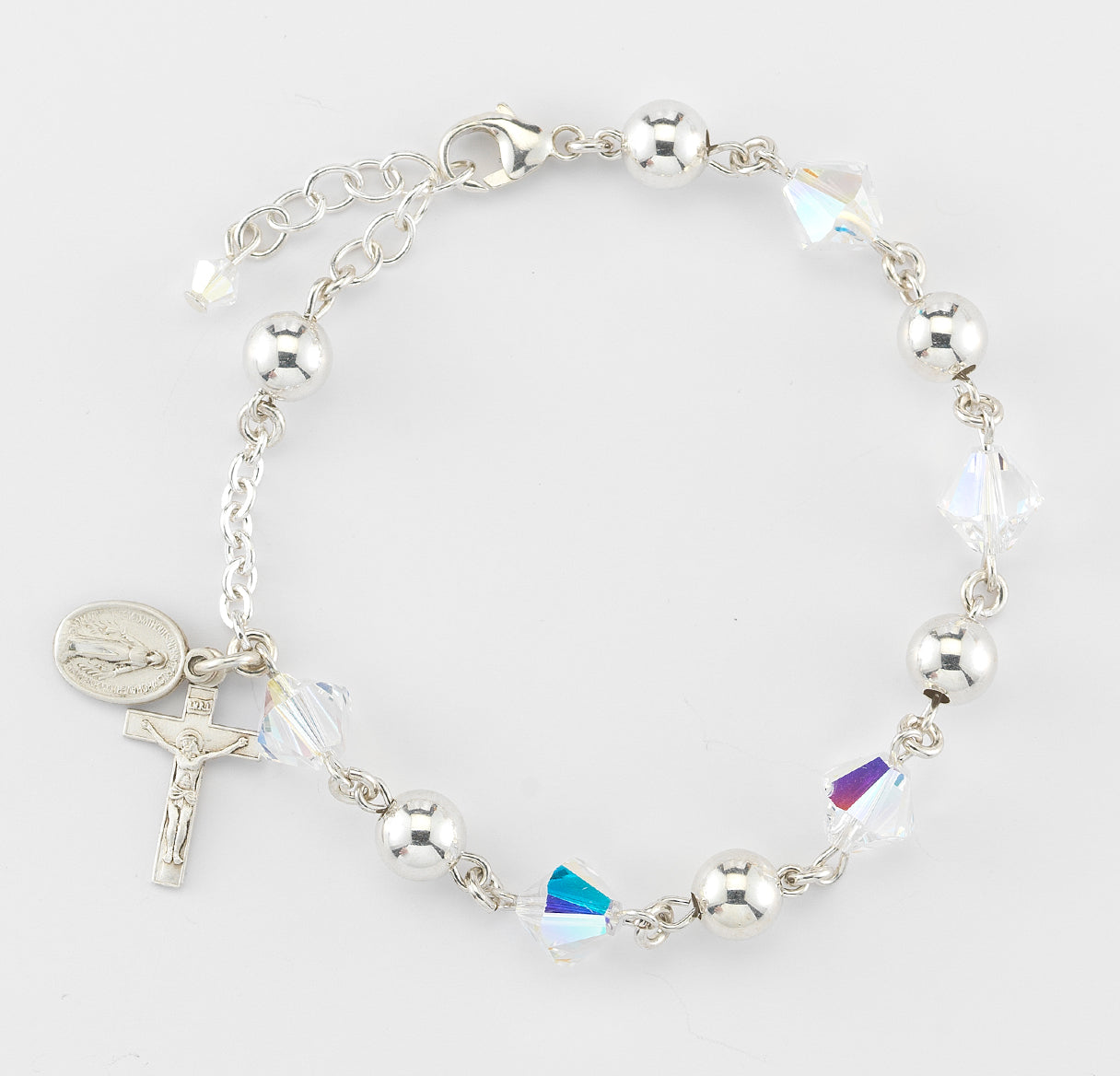 8mm Crystals by Swarovski® Crystal Bead Bracelet with 7mm Sterling Silver Beads and Sterling Crucifix & Center-Bxd